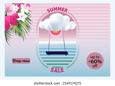 Summer Vibes poster template. Summer tropical background with flowers and tropical leaves. The inscription Summer Sale on a background of tropical green leaves. Summer Sale concept.