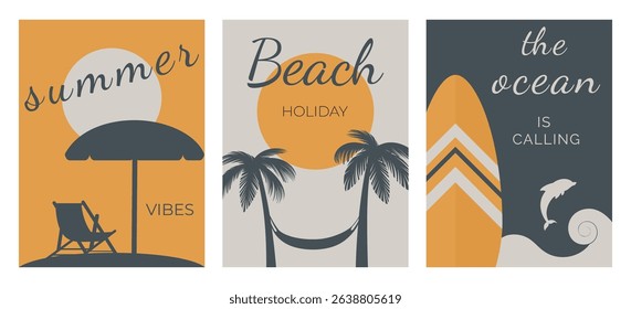 summer vibes posters set, elegant minimalistic retro style design