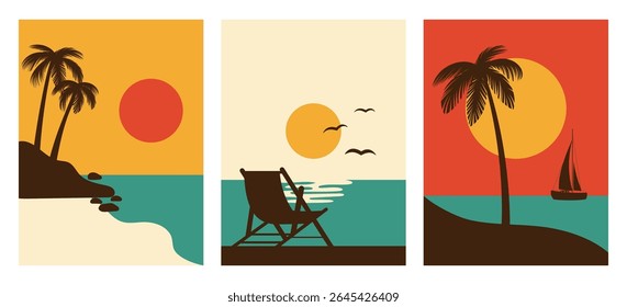 summer vibes posters vivid colors, coastline and sunset with palm tree