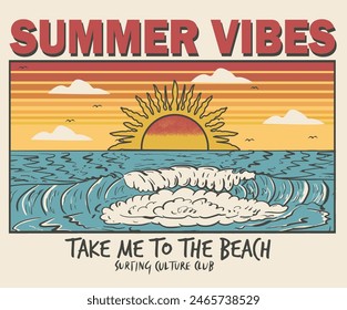Summer vibes print design. Sunshine tropical beach artwork. Palm beach vibes artwork. Happiness comes in wave. Big wave print design for t shirt print, sticker, background and other uses.