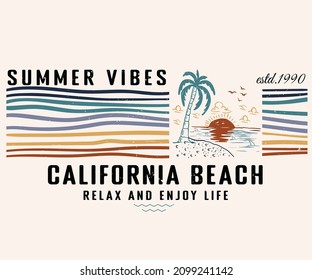 Summer vibes print design for t shirt print, poster, sticker, background and other uses. California beach vintage print artwork illustration. 