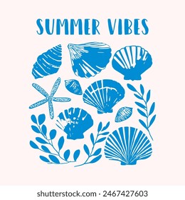 Summer vibes print, funny quote lettering with seashells abstract doodle illustration