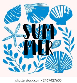 Summer vibes print, funny quote lettering with seashells abstract doodle illustration