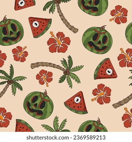 Vibes de verano calabaza sandía y horror de hibisco Patrón sin fisuras de Halloween en estilo retro de caricatura. Sombrío fondo vectorial dibujado a mano tropical. La textura de la playa de color cremoso