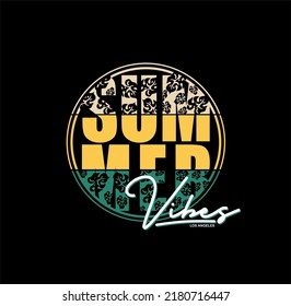 Summer Vibes retro slogan with waves and and sun vector illustrations. For t-shirt prints and other uses