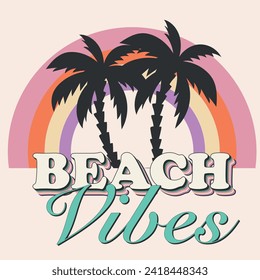 Vibes de verano retro diseño de camisetas. Diseño veraniego con icono del arcoiris y la palmera, perfecto para el diseño de camisetas, pegatinas y el logotipo de la casa de playa