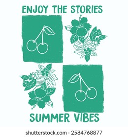 Summer vibes. Round floral wreath with letters. Vector illustration with cute abstract flowers, berries and leaves. Hand drawn doodle design for poster,