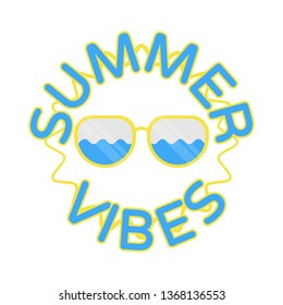 Summer Vibes round text with sun waves and sun glasses illustration flat design yellow and blue vector