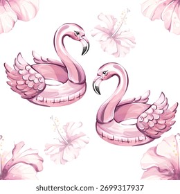 Summer vibes with seamless pattern featuring flamingo inflatables and hibiscus flowers for relaxing beach holiday wallpaper and festive border arrangement