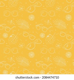 Summer Vibes Seamless pattern. Repeated ornament of sunglasses, tropical leaves and flowers. Vacation items hand drawn illustration for background, wrapping paper, wallpaper, textile and fabric design