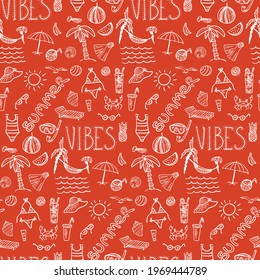 Summer vibes - seamless vector pattern, illustration set in doodle drawing style, white on red background