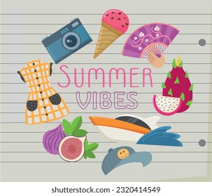 Vibes de verano configuradas en una porción de un bloc de notas en una línea de elementos de verano iconos cliparts ilustración vectorial aislada
