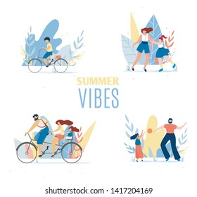 Summer Vibes Set with Resting Happy Family Members. Cartoon Parents and Children Having Fun, Playing Ball, Cycling Together or Along. Vector Flat Illustration. Healthy Outdoors Activities