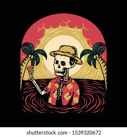 Summer Vibes Skeleton Horror Halloween Relax Summer Graphic Illustration Vector Art T-shirt Design