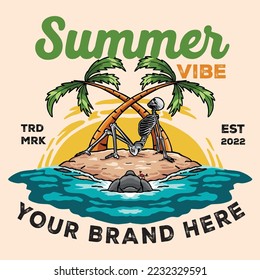 Summer Vibes Skeleton Horror Halloween Relax Summer Graphic Illustration Vector Art T-shirt Design