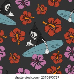 Summer vibes skeleton horror halloween seamless pattern in retro cartoon style. Spooky tropical hand drawn vector background. Creepy beach texture