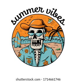 summer vibes skeleton illustration. Skull wearing hawaiian shirt