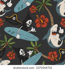 Summer vibes skeleton and shark horror halloween seamless pattern in retro cartoon style. Spooky tropical hand drawn vector background. Creepy beach texture