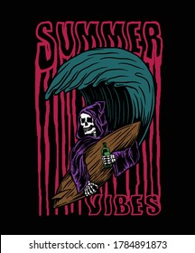 Summer Vibes Skeleton Surfing Illustration Vector