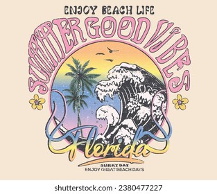 Summer vibes sketch graphic print design for t shirt print, poster, sticker and other uses. Enjoy beach life. Sunny day at the beach. Ocean big wave. Palm tree retro print artwork. Tropical flower. 