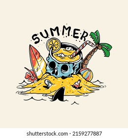 Summer vibes skull beach surf shark vector illustration