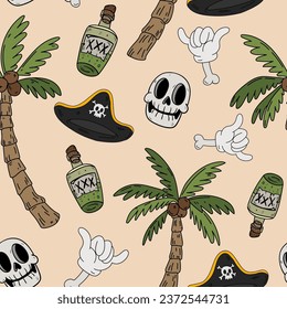 Summer vibes skull, pirate hat, shaka, palms horror Halloween seamless pattern in retro cartoon style. Spooky tropical hand drawn vector background. Creepy beach texture