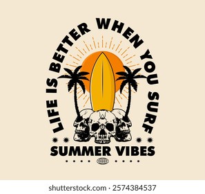 Summer vibes with skull and surfboard vector design for streetwear t-shirts, hoodies, and apparel