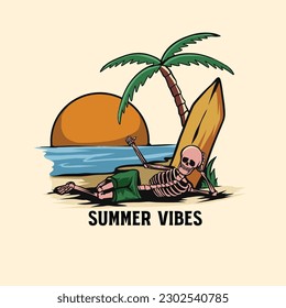 summer vibes skull vintage illustration vector with coconut tree on beach