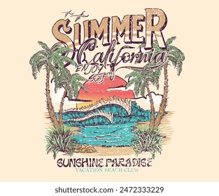 Summer vibes slogan t shirt design. California typography artwork. Summer abstract art. Sunshine paradise graphic print design. Tropical island art for fashion and others. 