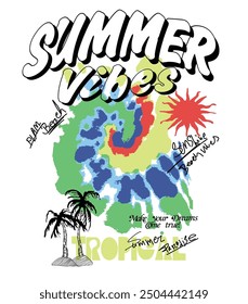 Impresiones del texto del eslogan de las vibraciones del verano, palmera con las ondas del tinte del lazo, impresiones de la playa del sol, diseño de la impresión de la camiseta, gráficos retro vintage