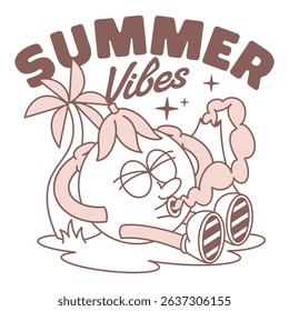 Summer Vibes Smoking Cartoon Character, Relaxed Coconut Under Palm Tree, Chill Island Mood T-Shirt Art, Funny Paradise Illustration For Apparel