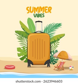 summer vibes square banner with illustration of travel suitcase with wheels and tropical leaves, summer beach