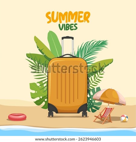 summer vibes square banner with illustration of travel suitcase with wheels and tropical leaves, summer beach