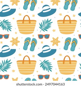 Summer Vibes sunglasses sea star flipflops beach hat seamless pattern illustration background