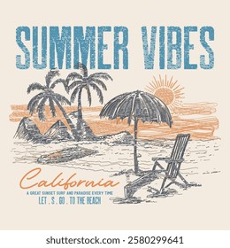 summer Vibes sunset beach graphic design for t shirt print, Surfing Miami. palm tree. big waves. sunset vibes, Florida. beach graphic. girls vector graphics. hand drawn artwork. holiday recreation