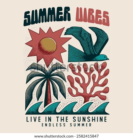 summer Vibes sunset beach graphic design for t shirt print, Surfing Miami. palm tree. big waves. sunset vibes, Florida. beach graphic. girls vector graphics. hand drawn artwork. holiday recreation