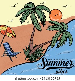 Summer Vibes. Sunset Beach Wave Beach Summer Surfing Paradise. California summer holiday style with waves surfing palms. For t-shirt prints, posters, and other uses.