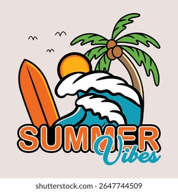 Summer vibes  with surfing board ,the wave and coconut vibes vector design for t shirt badge patch illustration