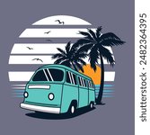 Summer vibes surfing camper van illustration for t-shirt, patch, sticker etc
