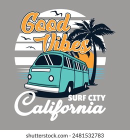 Summer vibes surfing camper van illustration for t-shirt, patch, sticker