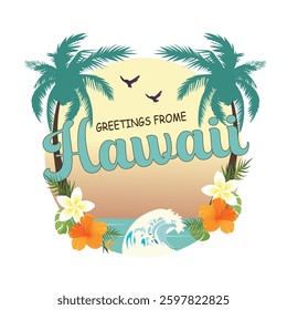 Summer vibes. Surfing Hawaii beach. Sunshine paradise graphic print design. Enjoy beach life. Summer vibes artwork. Hawaii Aloha beach modern abstract art.