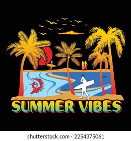 Summer Vibes Surfing SVG Sublimation T-Shirt Vector Graphic.