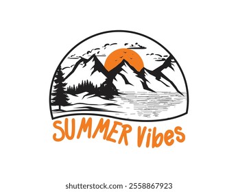 Summer vibes t shirt design with natural mountain sunset graphics