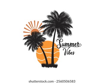 Summer vibes t shirt design with tropical palm tree illustration art