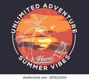 Summer vibes t shirt print design. Colorful sky artwork for apparel, poster, background,  sticker and others. 