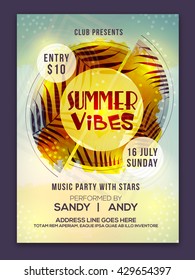 Summer Vibes Template, Summer Party Banner, Musical Party Flyer Or Club Invitation Design, Creative Abstract Background With Palm Leaves.