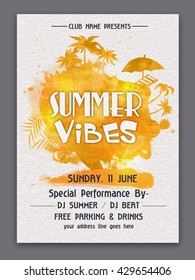 Summer Vibes Template, Summer Party Banner, Musical Party Flyer Or Club Invitation Design, Creative Background With Golden Splash And Various Elements.