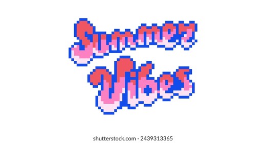 Summer Vibes Text in 8bit Retro Video Game Style. Pink Vector Decorative Print Pattern. 