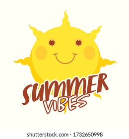 Summer Vibes Text with Cartoon Smiley Sun on White Background.