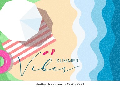 Summer vibes textured poster with umbrella, towel, flip flop, sand, sea, waves, vacation, traveling, template banner, poster, web, card, background, copy space, vector